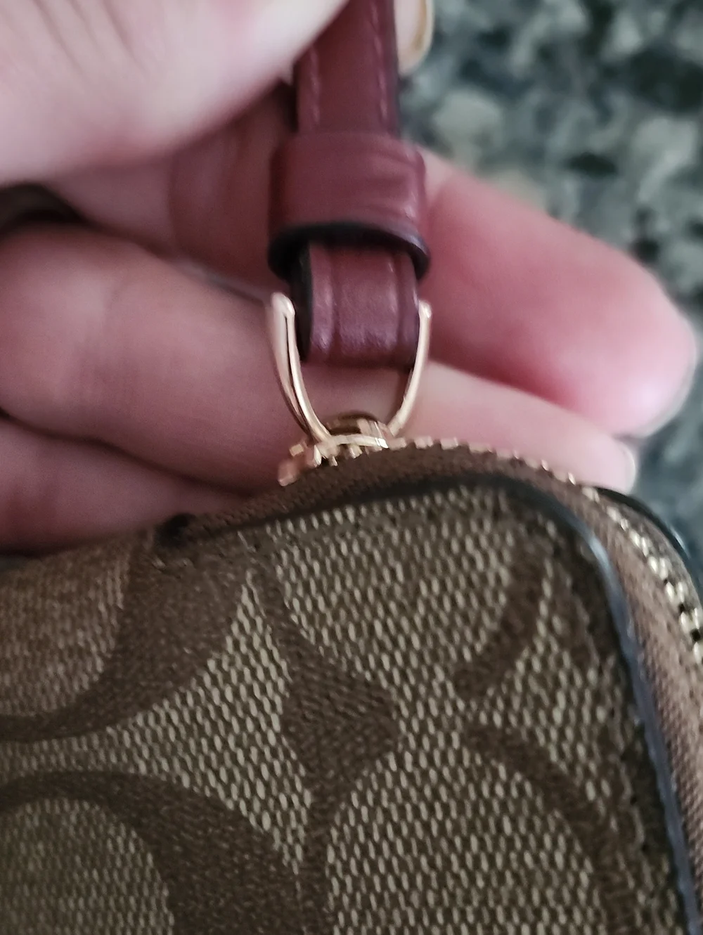 Coach Corner Zip Wristlet In Khaki Signature Coated Canvas With Red Accent
